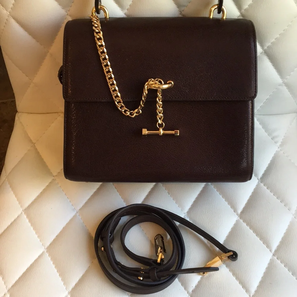 Elegant Dark Brown Top-Handle Satchel with Gold Chain Accent